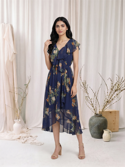 Navy Blue Floral Ruffle Maxi Dress