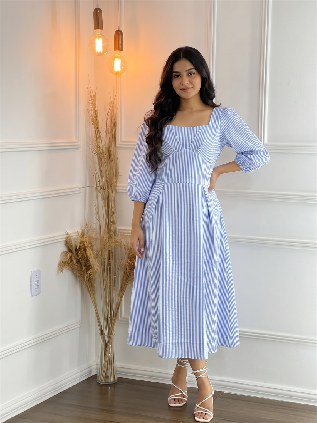 Blue & White Striped Square Neck Midi Dress