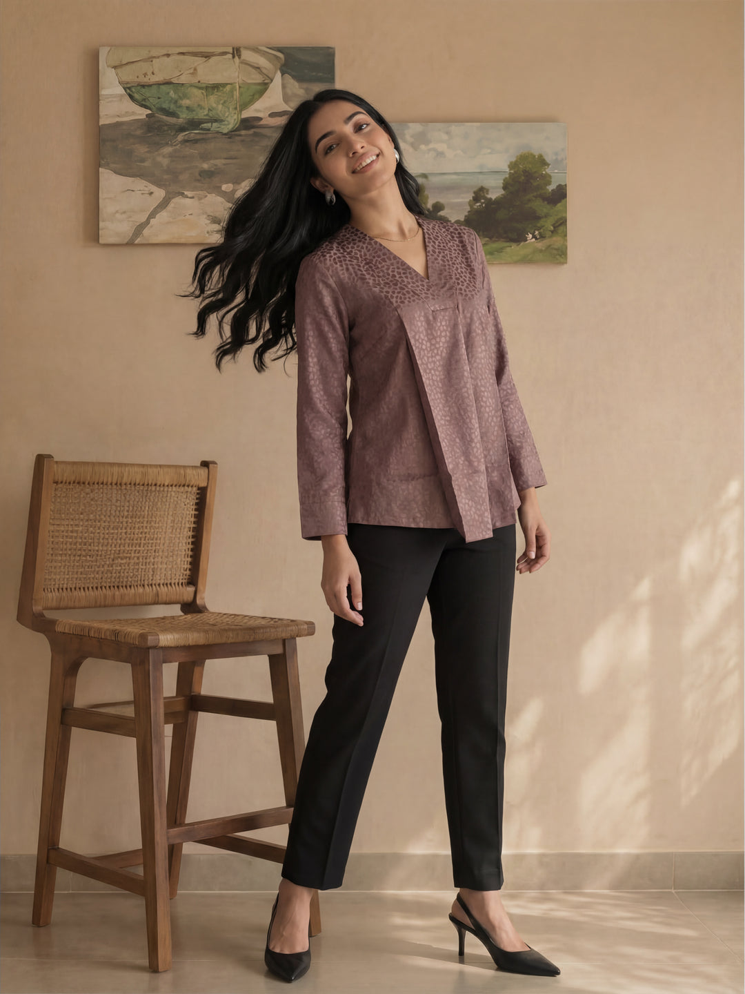 Brown Texture V Neck Top
