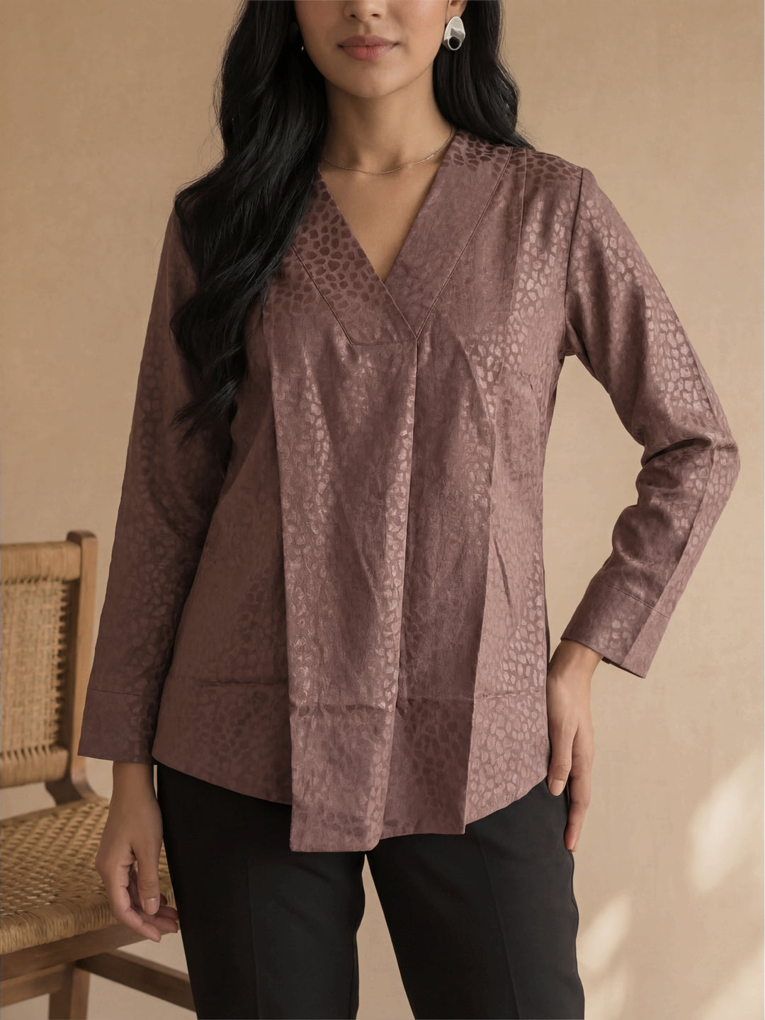 Brown Texture V Neck Top