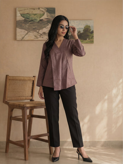 Brown Texture V Neck Top