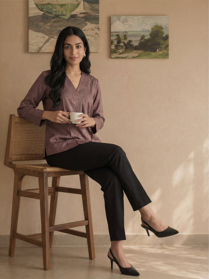 Brown Texture V Neck Top