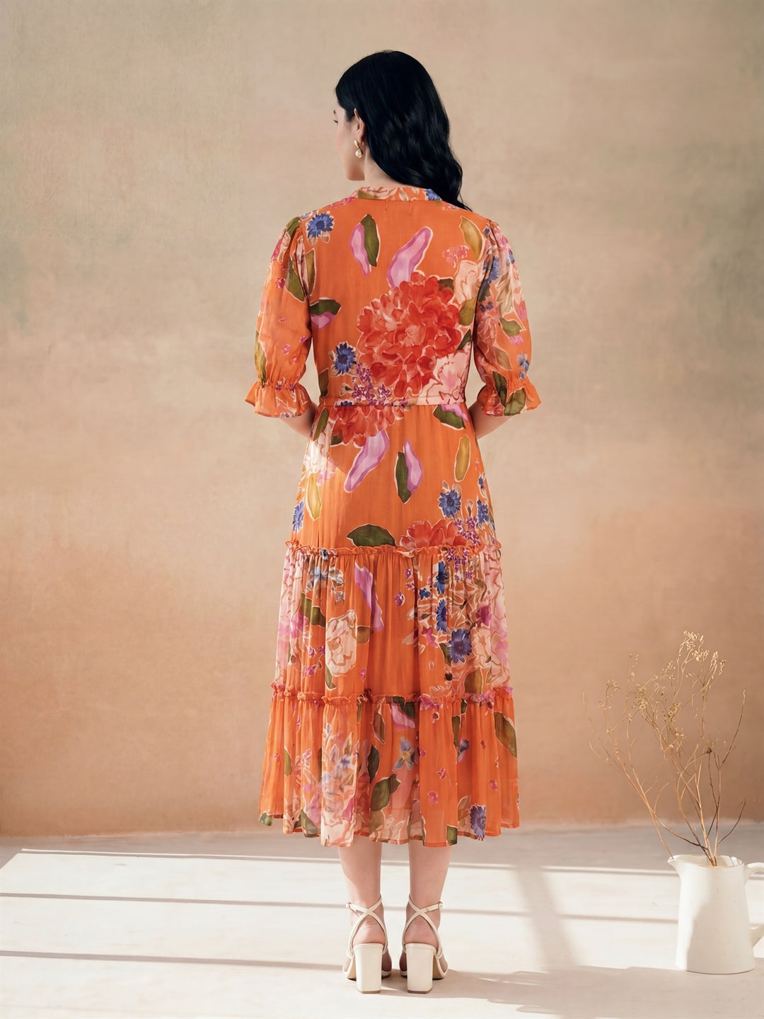 Orange Digital Floral Printed Tiered Dress