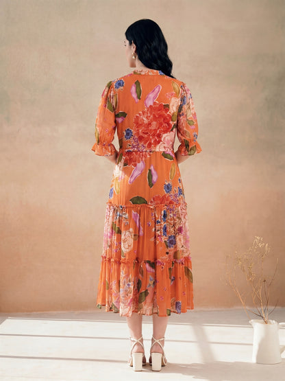 Orange Digital Floral Printed Tiered Dress