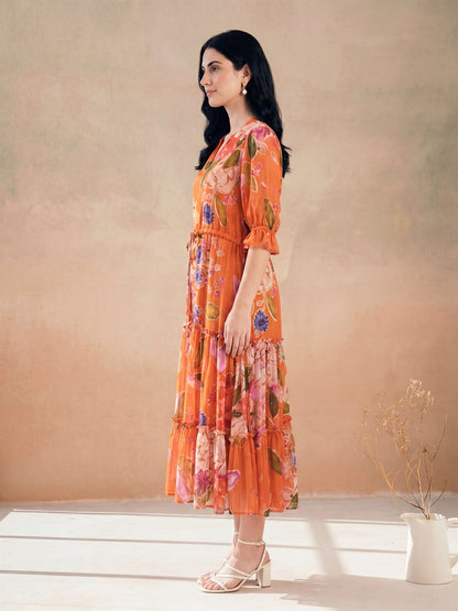 Orange Digital Floral Printed Tiered Dress