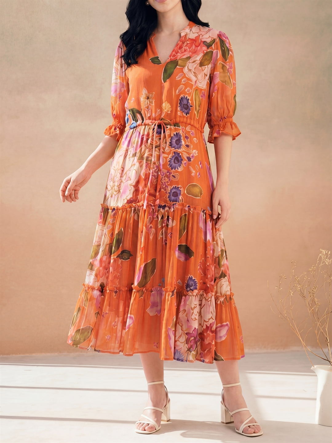 Orange Digital Floral Printed Tiered Dress