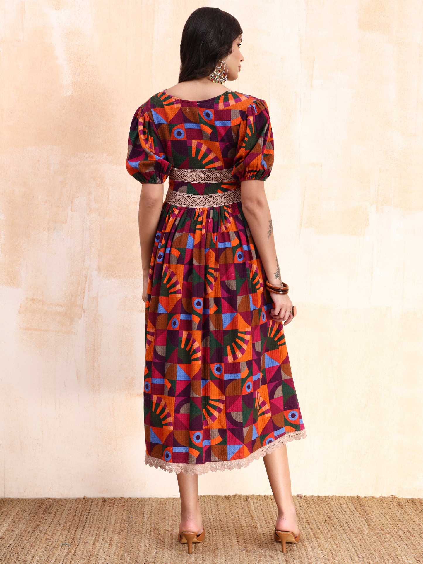 Vibrant Geometric Lace Midi Dress
