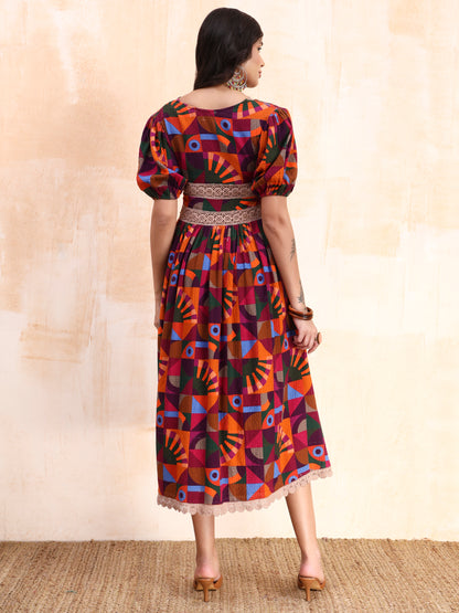 Vibrant Geometric Lace Midi Dress