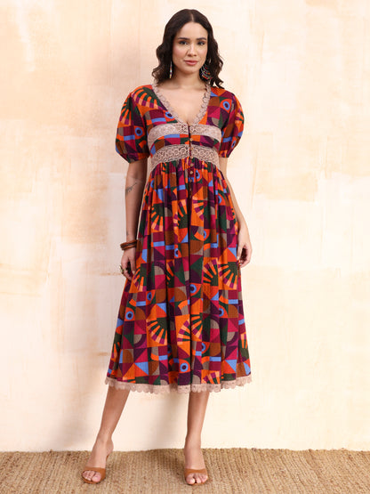 Vibrant Geometric Lace Midi Dress