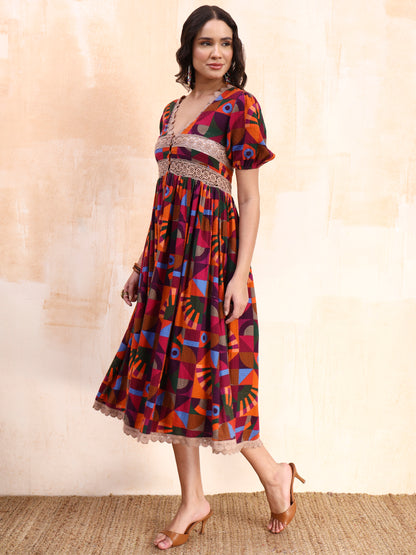 Vibrant Geometric Lace Midi Dress