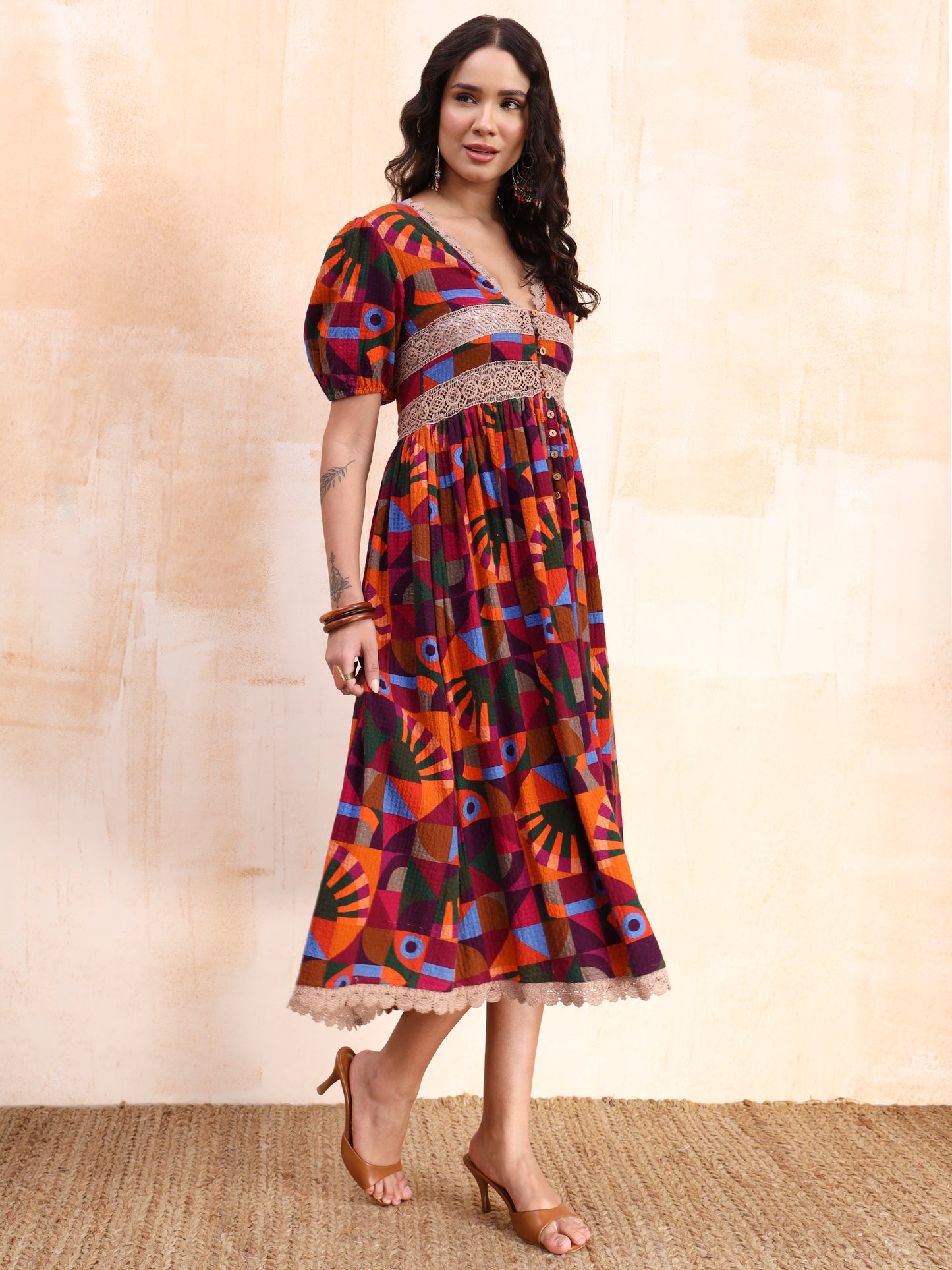 Vibrant Geometric Lace Midi Dress
