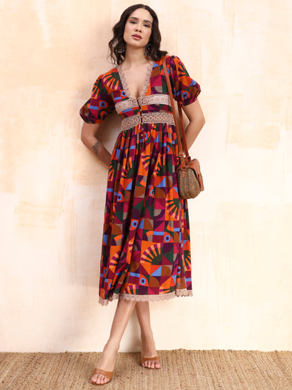 Vibrant Geometric Lace Midi Dress