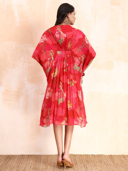 Pink Digital Floral Print Kaftan Midi Dress