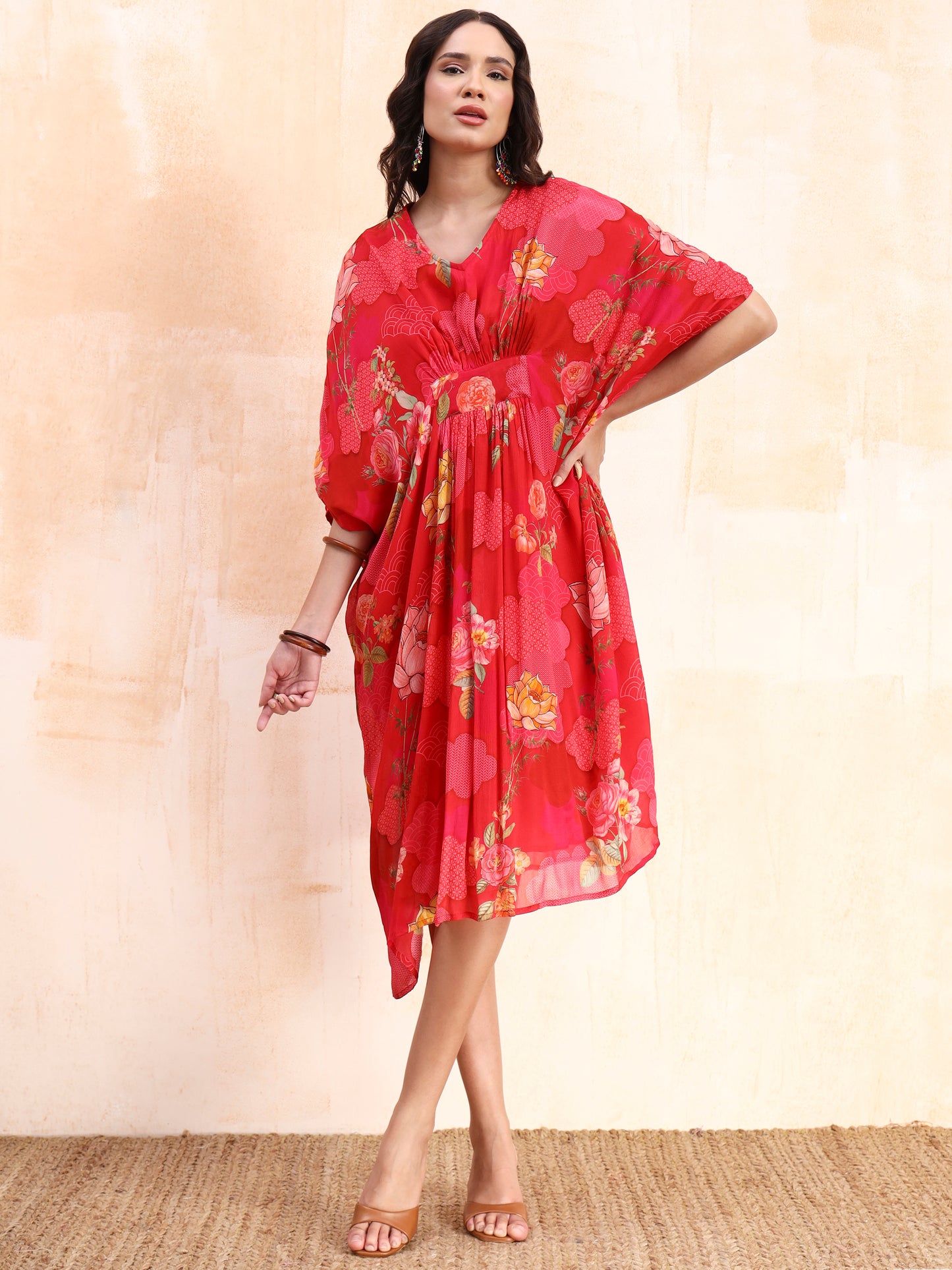 Pink Digital Floral Print Kaftan Midi Dress