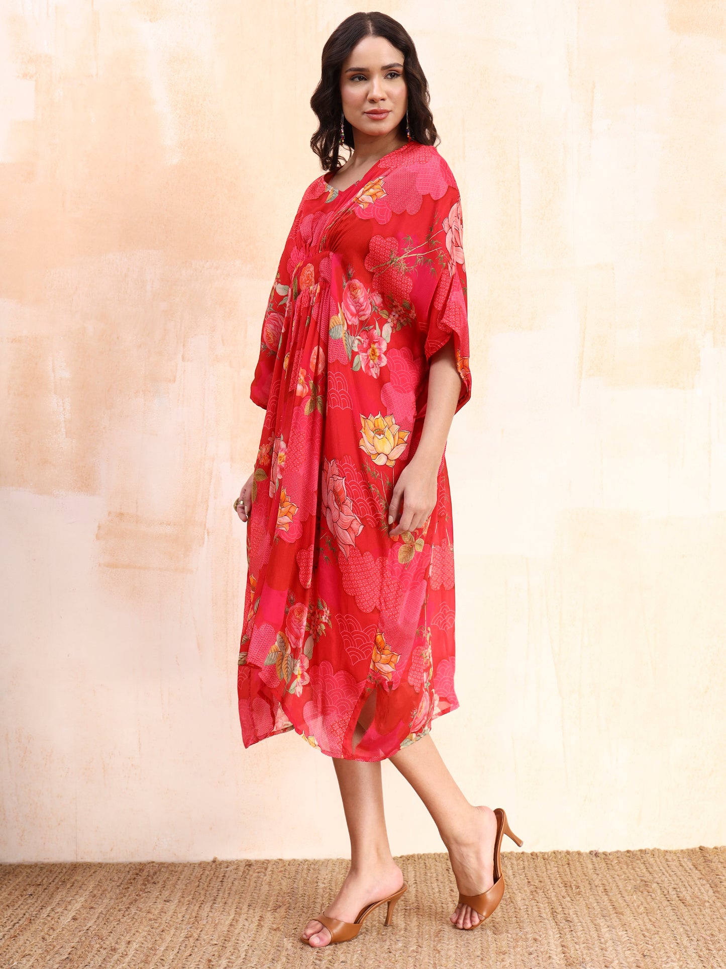 Pink Digital Floral Print Kaftan Midi Dress
