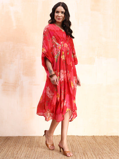 Pink Digital Floral Print Kaftan Midi Dress