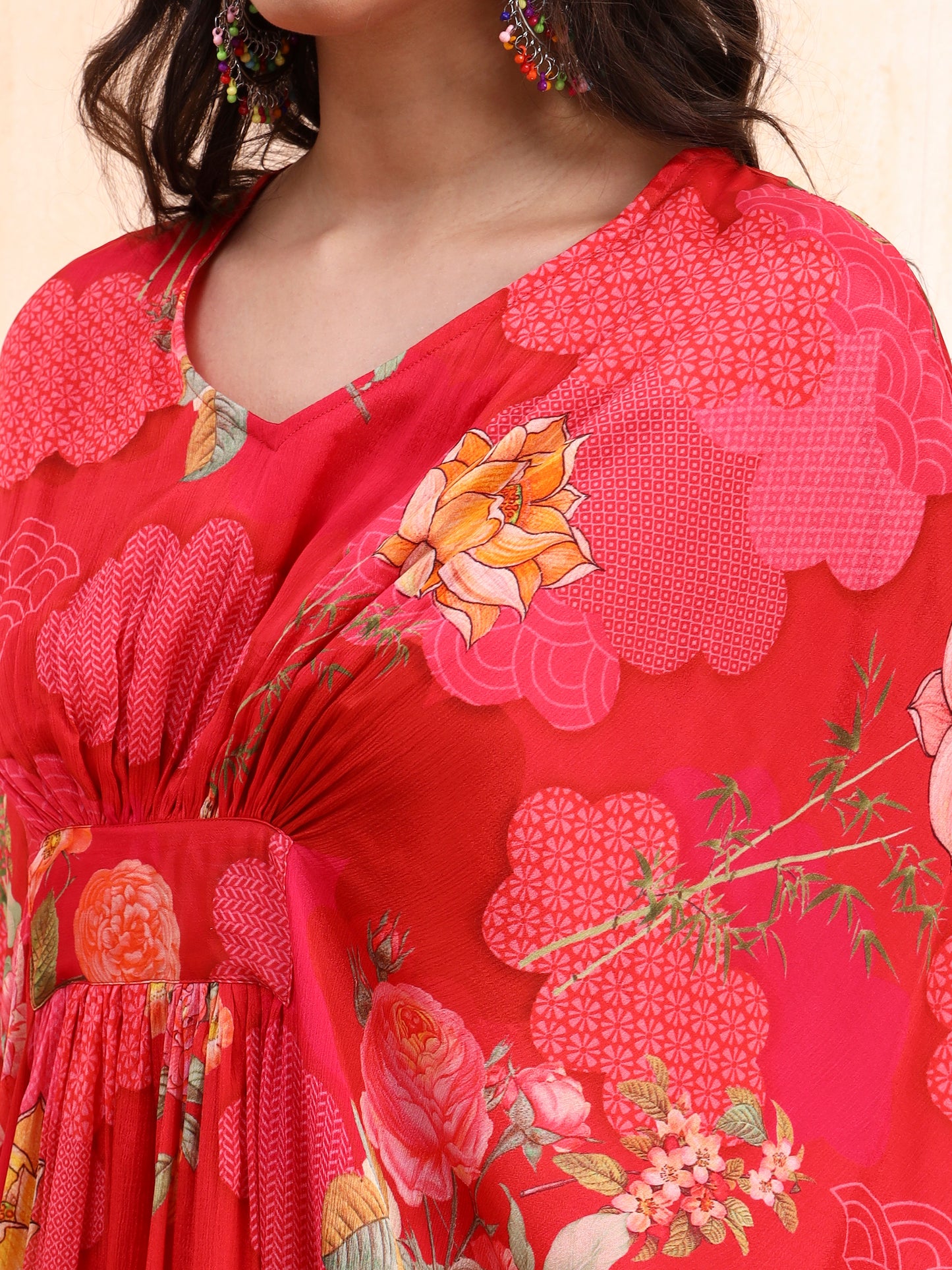 Pink Digital Floral Print Kaftan Midi Dress