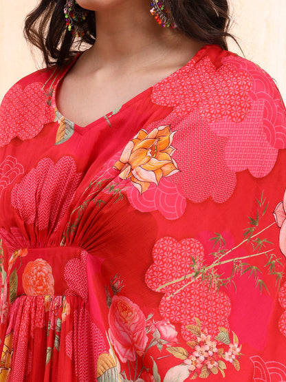 Pink Digital Floral Print Kaftan Midi Dress