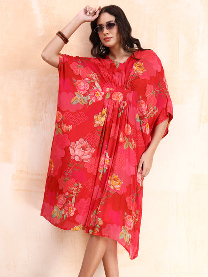 Pink Digital Floral Print Kaftan Midi Dress