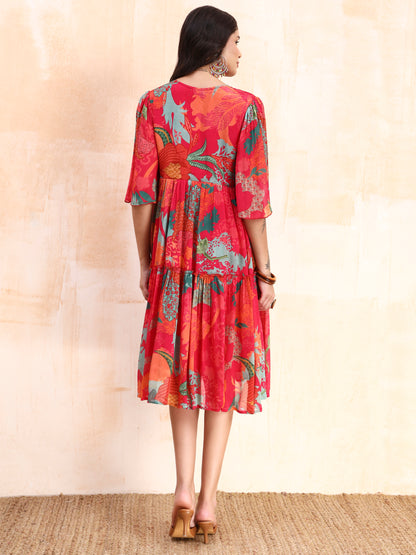 Pink Digital Floral Print Midi Dress