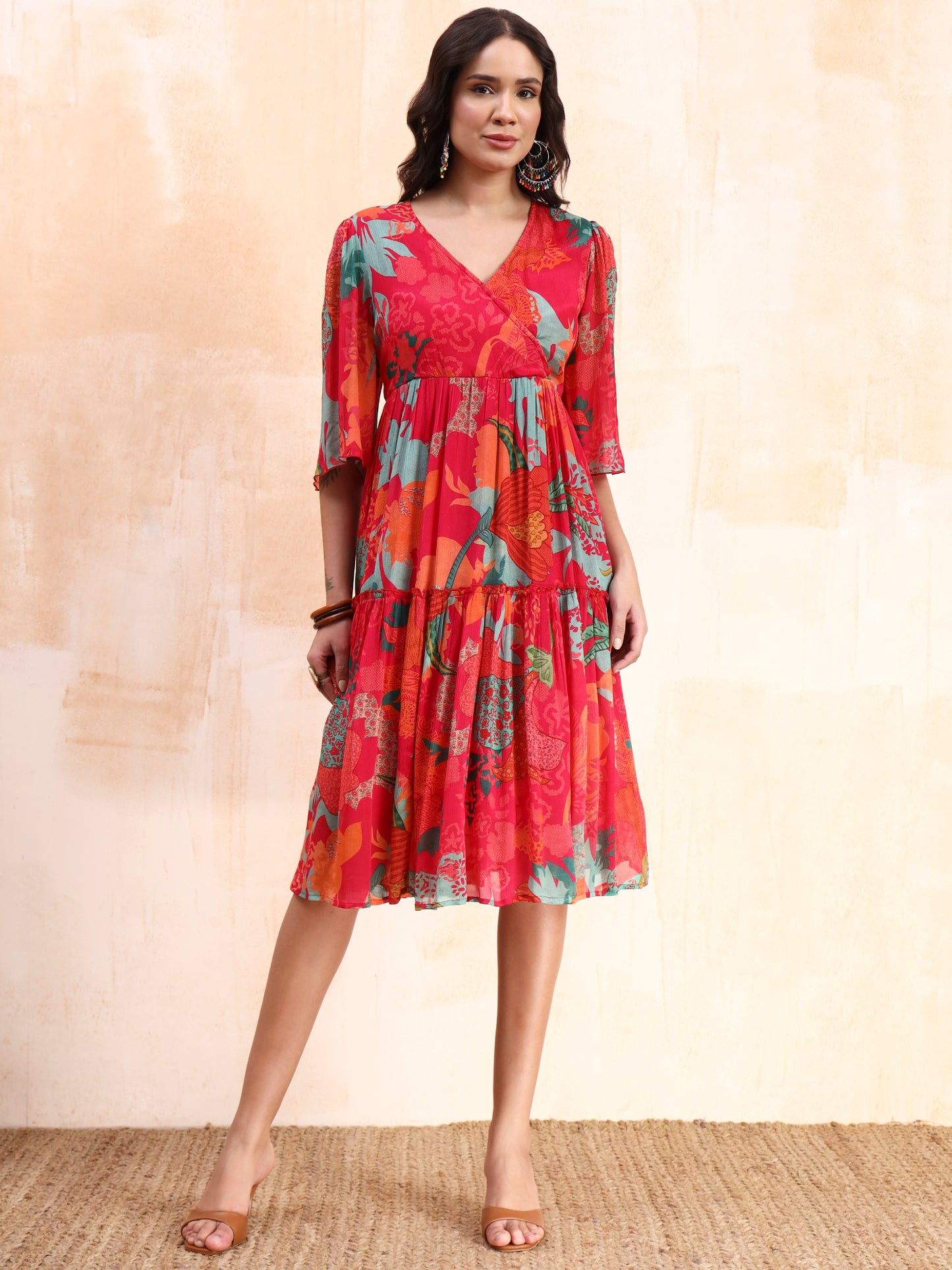 Pink Digital Floral Print Midi Dress