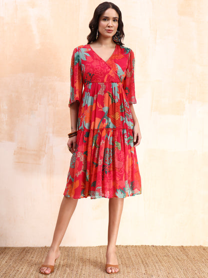 Pink Digital Floral Print Midi Dress
