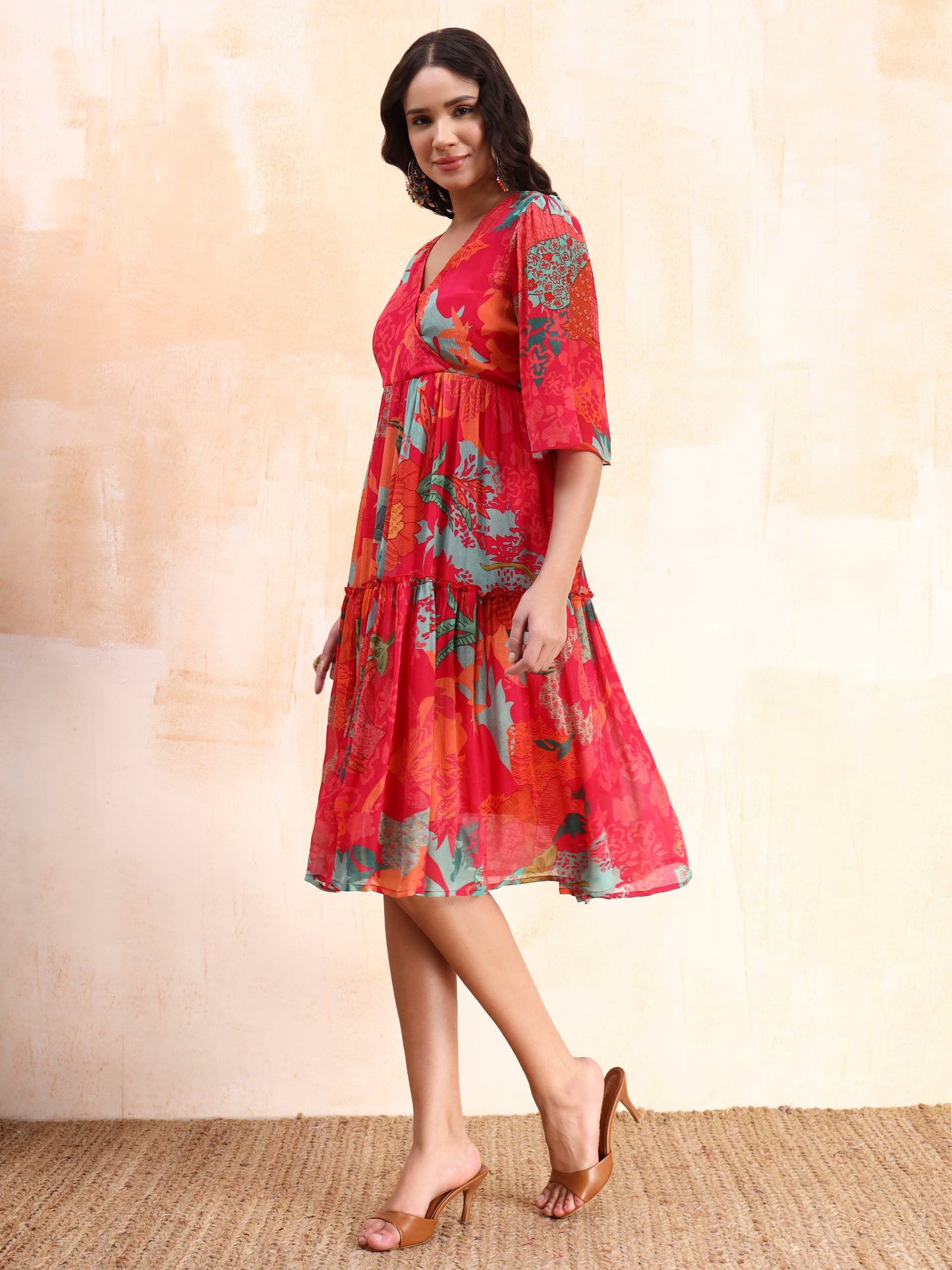 Pink Digital Floral Print Midi Dress