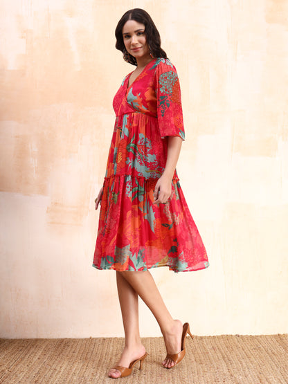 Pink Digital Floral Print Midi Dress