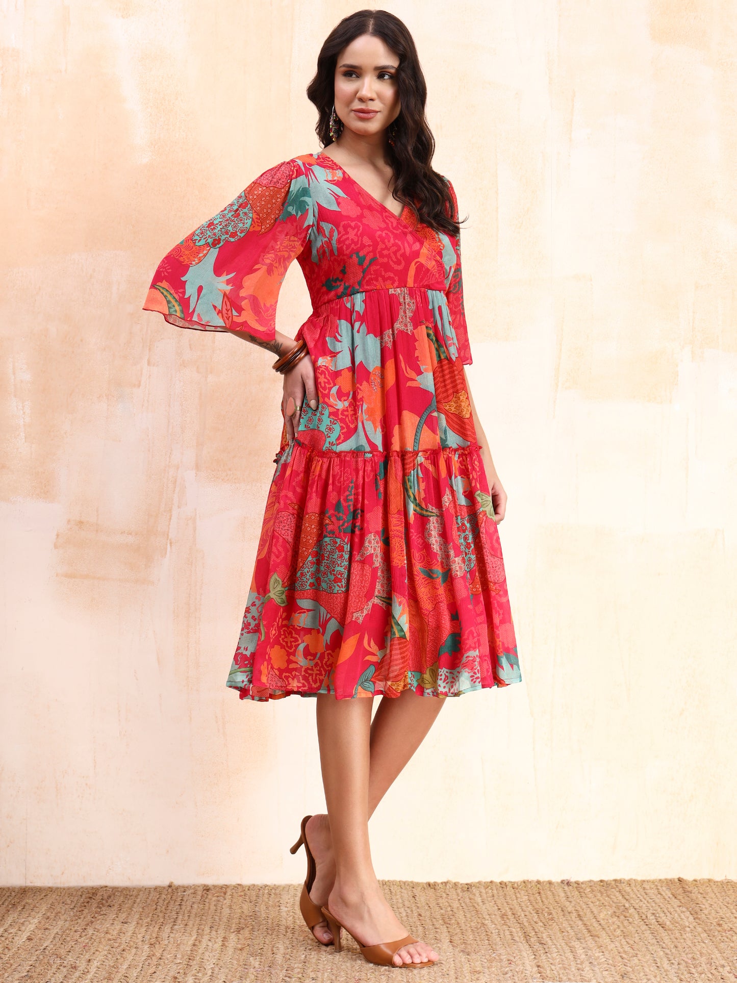 Pink Digital Floral Print Midi Dress