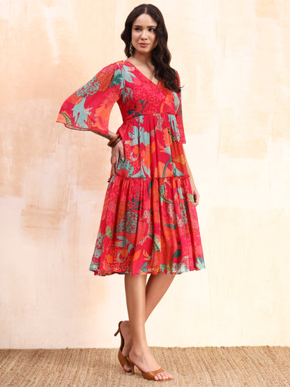 Pink Digital Floral Print Midi Dress
