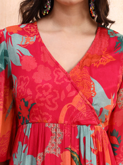 Pink Digital Floral Print Midi Dress