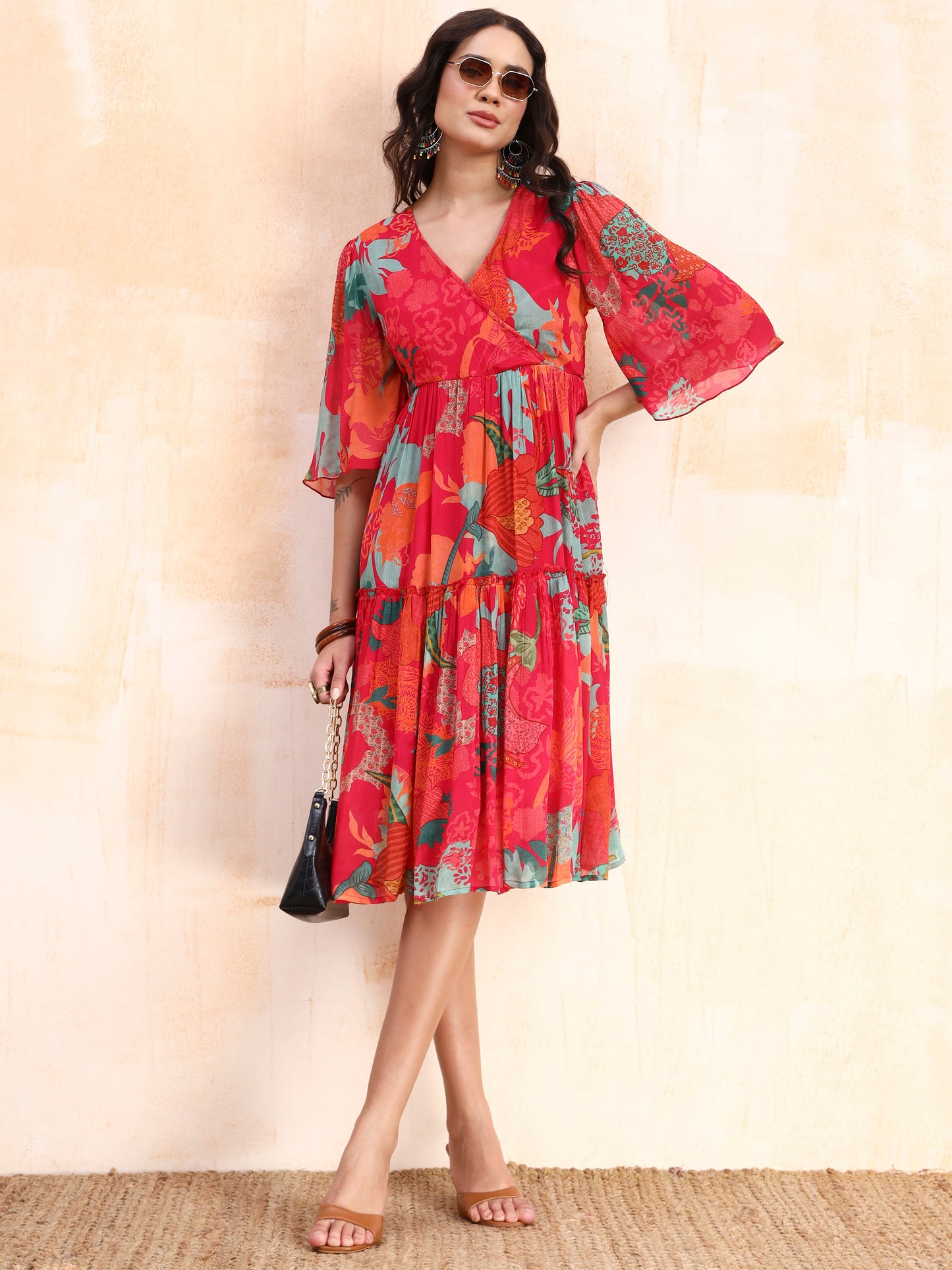 Pink Digital Floral Print Midi Dress