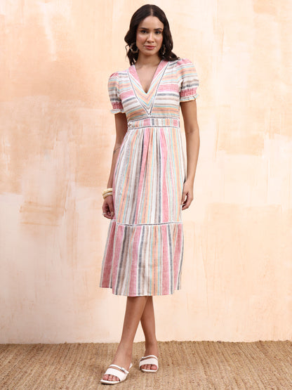 Multicolor Pastel Striped Midi Dress