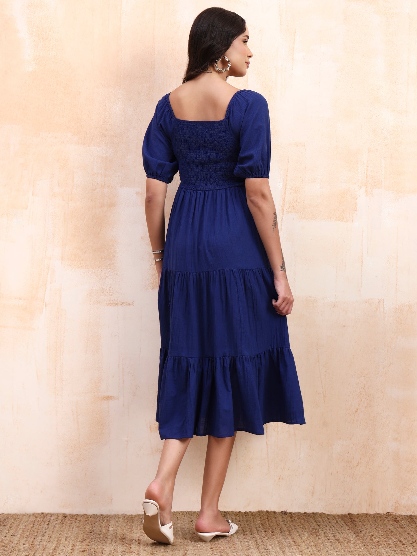 Blue Embroidered Tiered Midi Dress