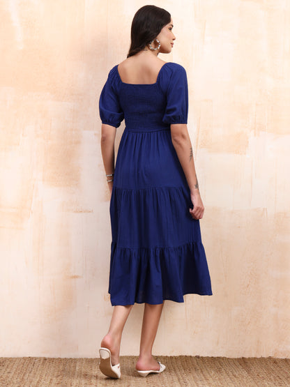 Blue Embroidered Tiered Midi Dress