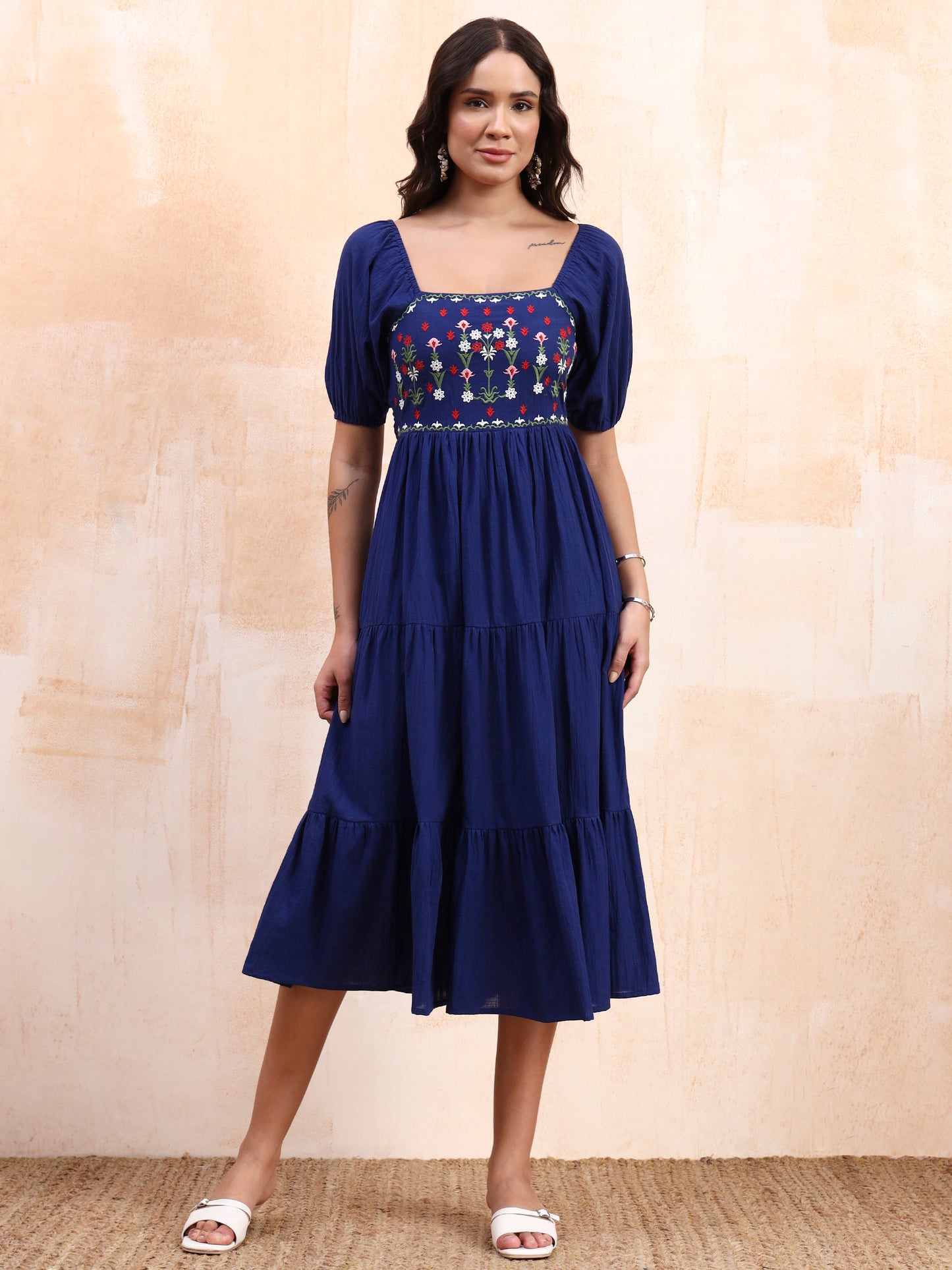 Blue Embroidered Tiered Midi Dress