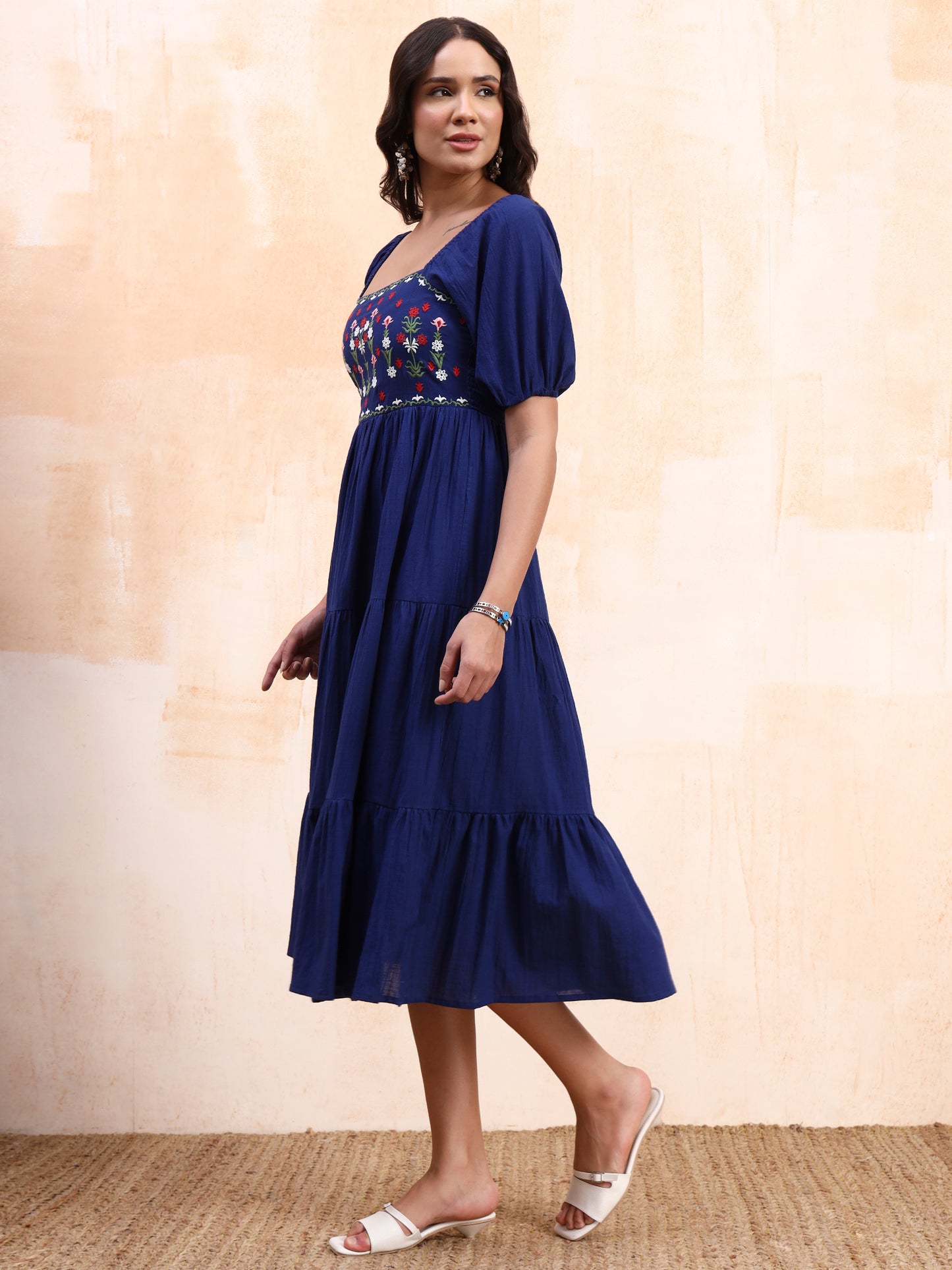Blue Embroidered Tiered Midi Dress