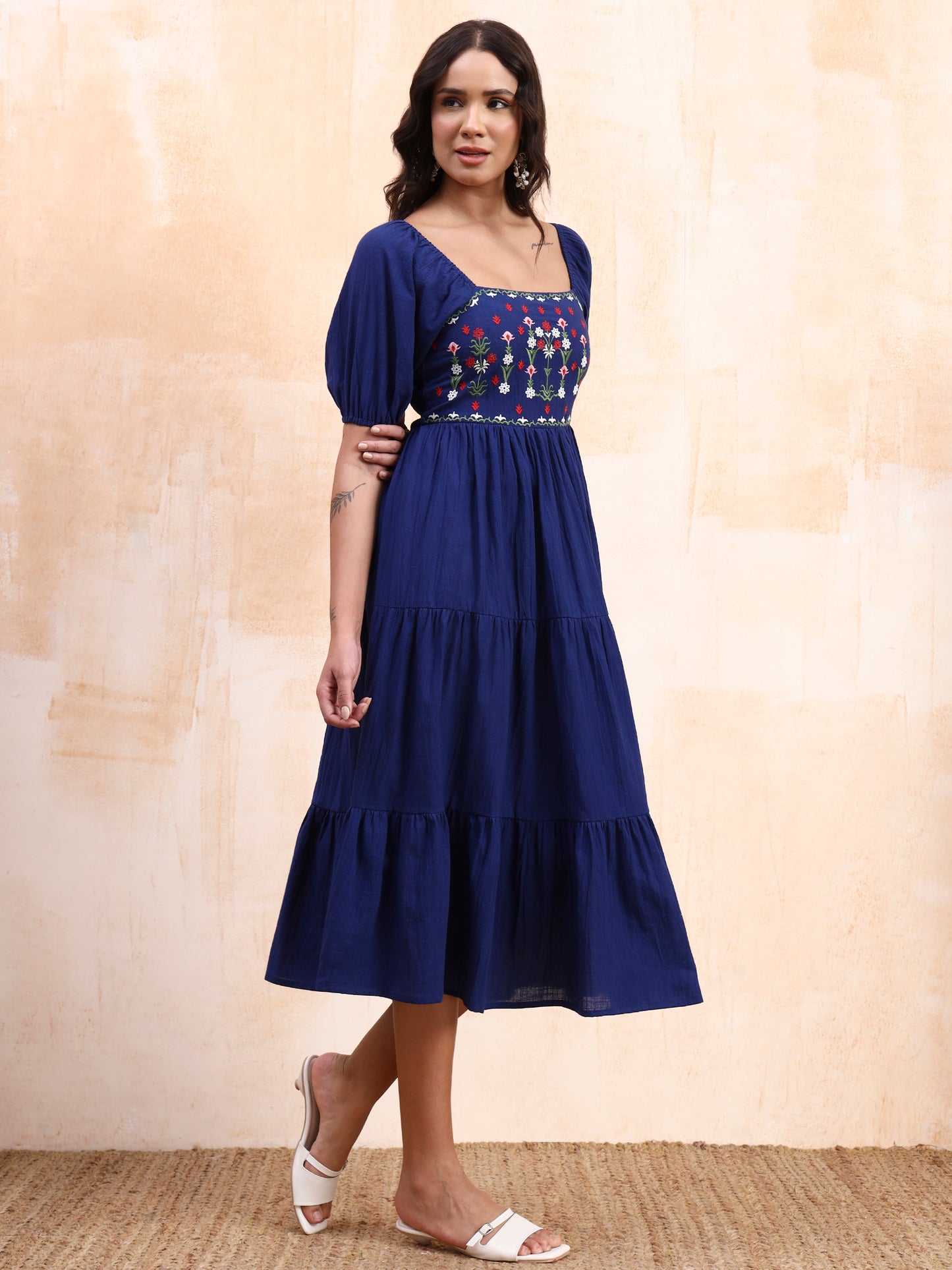 Blue Embroidered Tiered Midi Dress