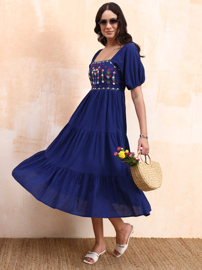 Blue Embroidered Tiered Midi Dress