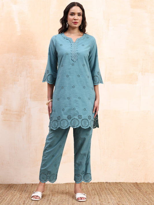 Powder Blue Schiffli Co-ord Set