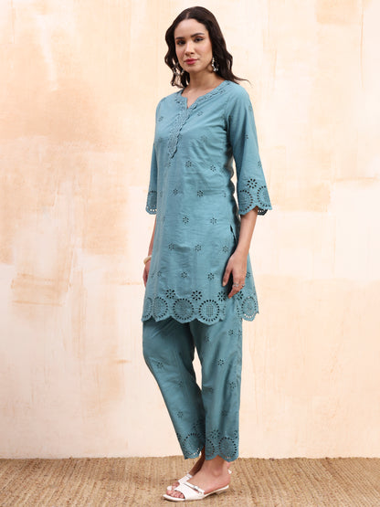 Powder Blue Schiffli Co-ord Set