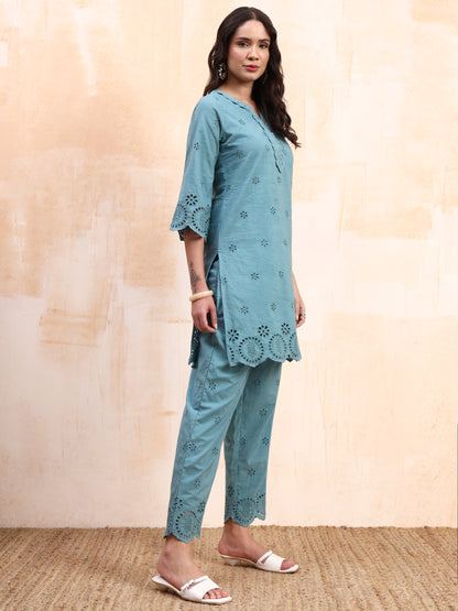 Powder Blue Schiffli Co-ord Set