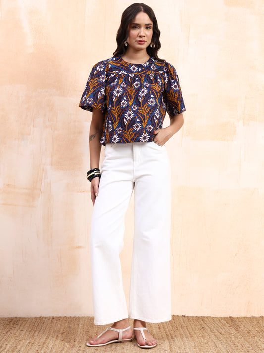 Blue Printed Peplum Top