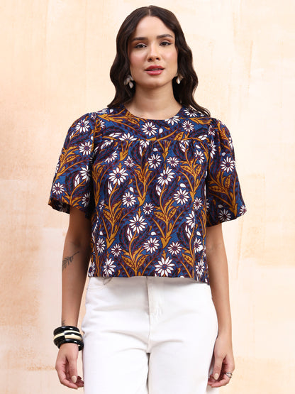 Blue Printed Peplum Top