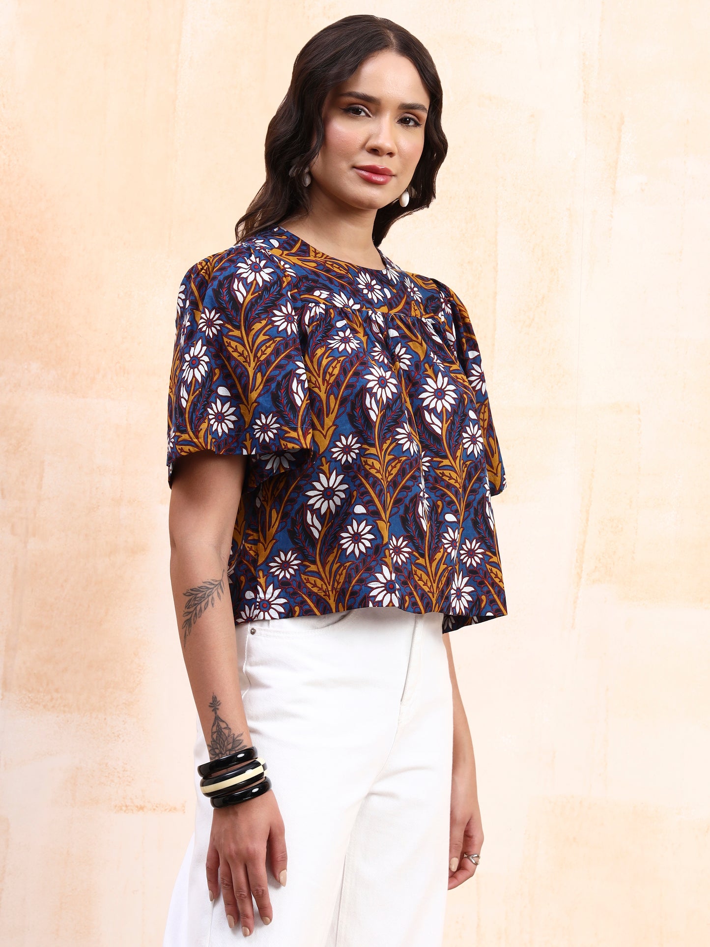 Blue Printed Peplum Top