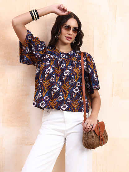 Blue Printed Peplum Top