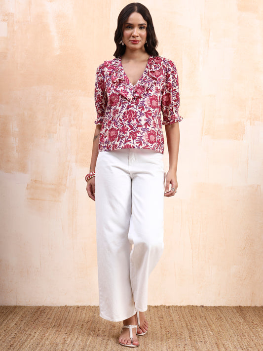 Off-White Floral Printed Peplum Top