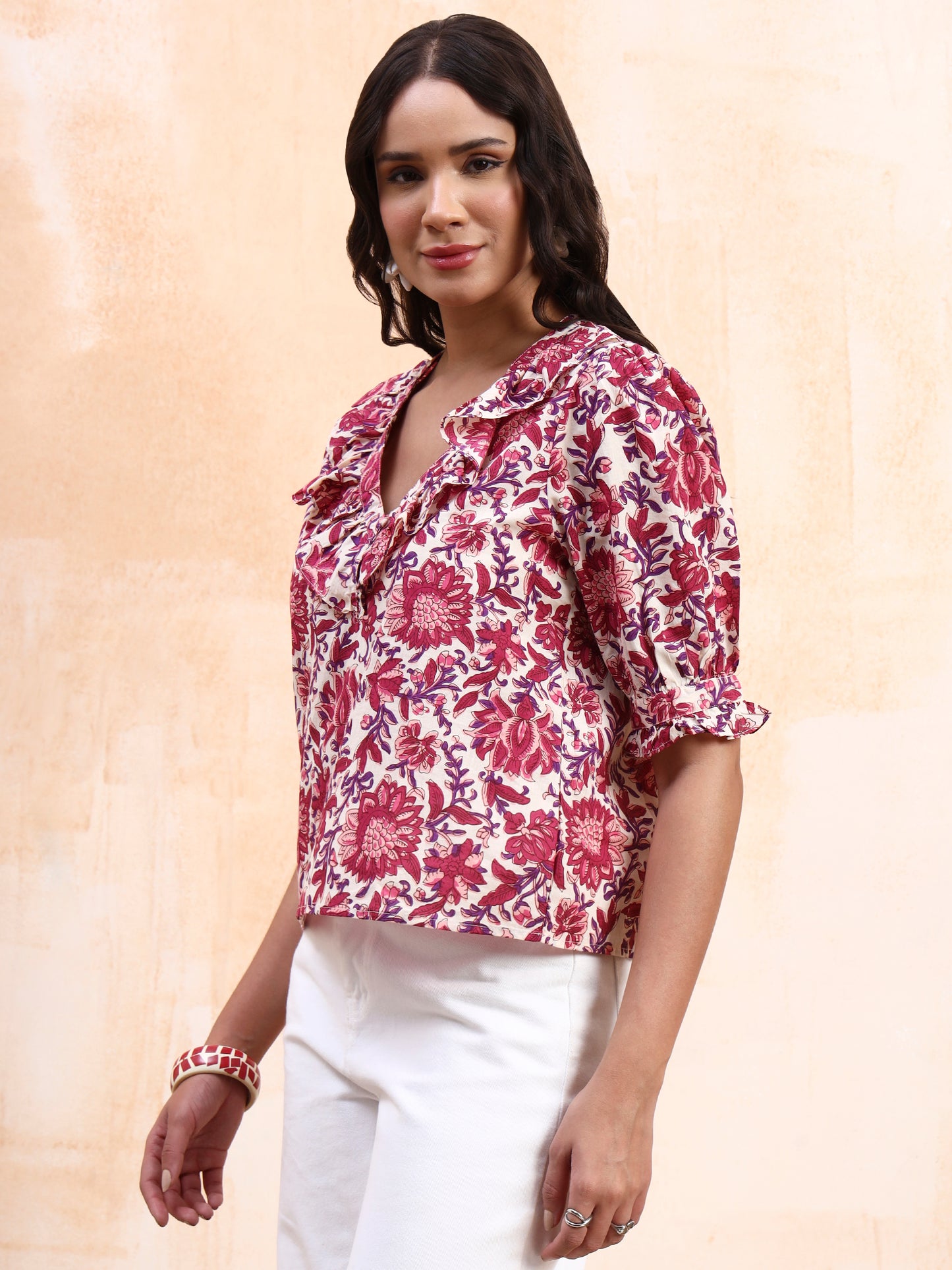 Off-White Floral Printed Peplum Top