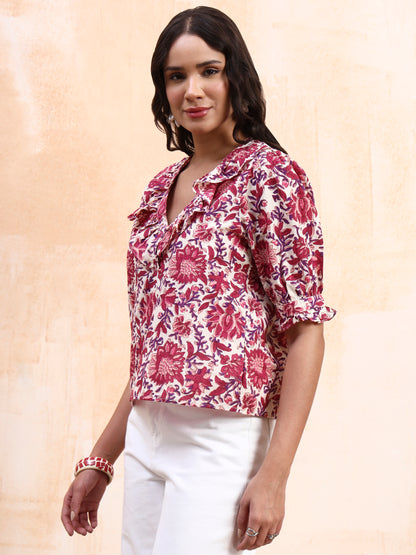 Off-White Floral Printed Peplum Top