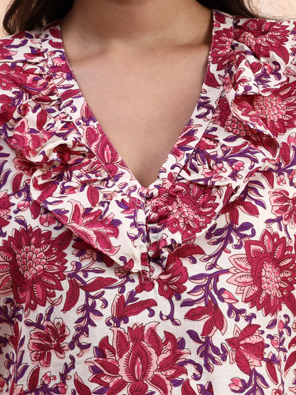 Off-White Floral Printed Peplum Top